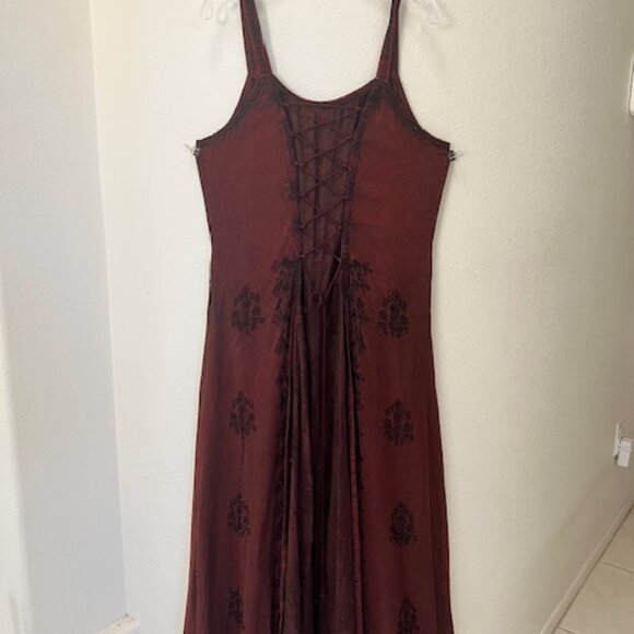 Vintage Renaissance Medieval Maxi Flowy Dress Maroon & Black Flocked Floral 1x - Picture 2 of 10